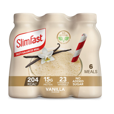 SlimFast Ready To Drink Shake, Tasty, Balanced Shake with Vitamins and Minerals, No Sugar, Vanilla Flavour, 6 x 325 ml Multipack, Packaging May Vary