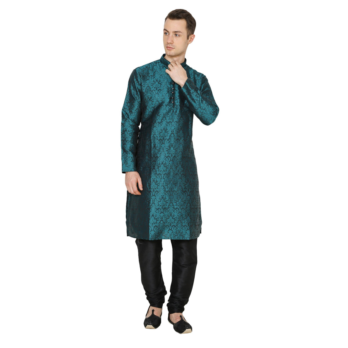 Indian Traditional Festive Men's Jacquard Silk Printed Kurta Churidar Green