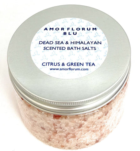 Amor Florum Blu - Himalayan and Dead Sea Bath Salts - Citrus, Green Tea. 100% Natural. Infused with Botanical Oils to Detox, Soothe, Relax, Soften. 400g