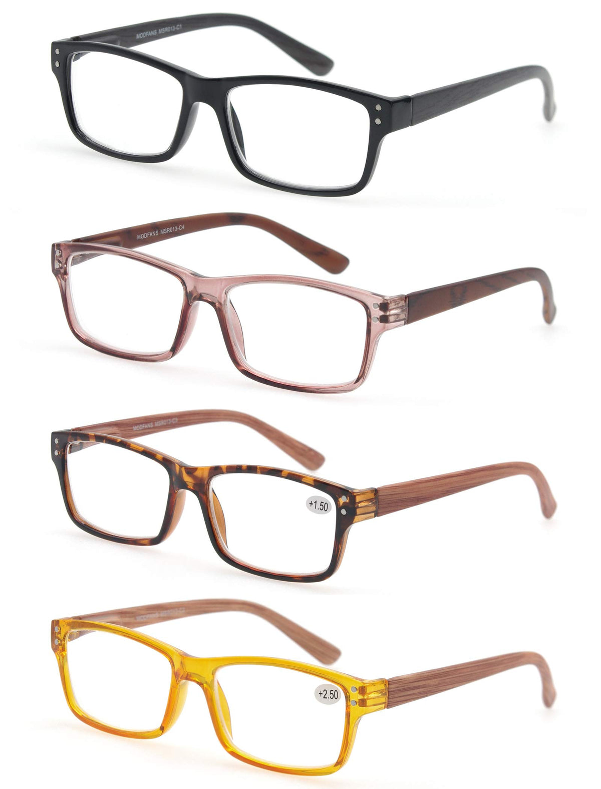 MODFANS Reading Glasses 4-Pack Wood Look Printed Arms Readers Classic with Spring Hinges for Men and Women +2.50