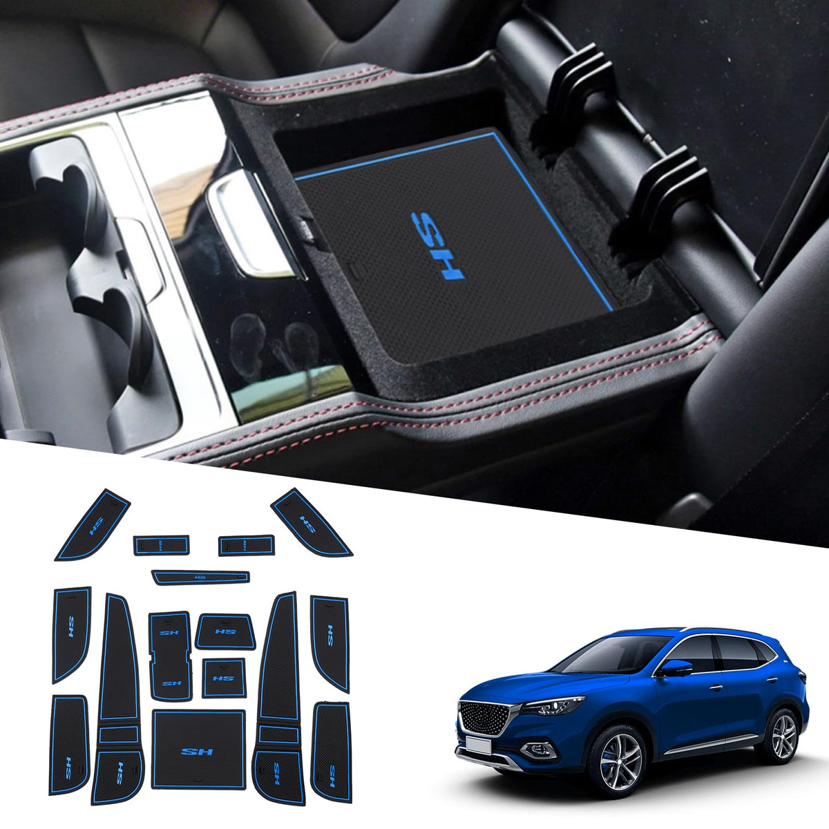 Ruiya Compatible with MG HS/EHS EV/HS Plug-in Hybrid 2018-2024 Car Rubber Mats, Car Mats Door Slot Mat Car Armrest Drink Holder Mat Centre Console Non-Slip Mats Rubber Mats MG HS Accessories