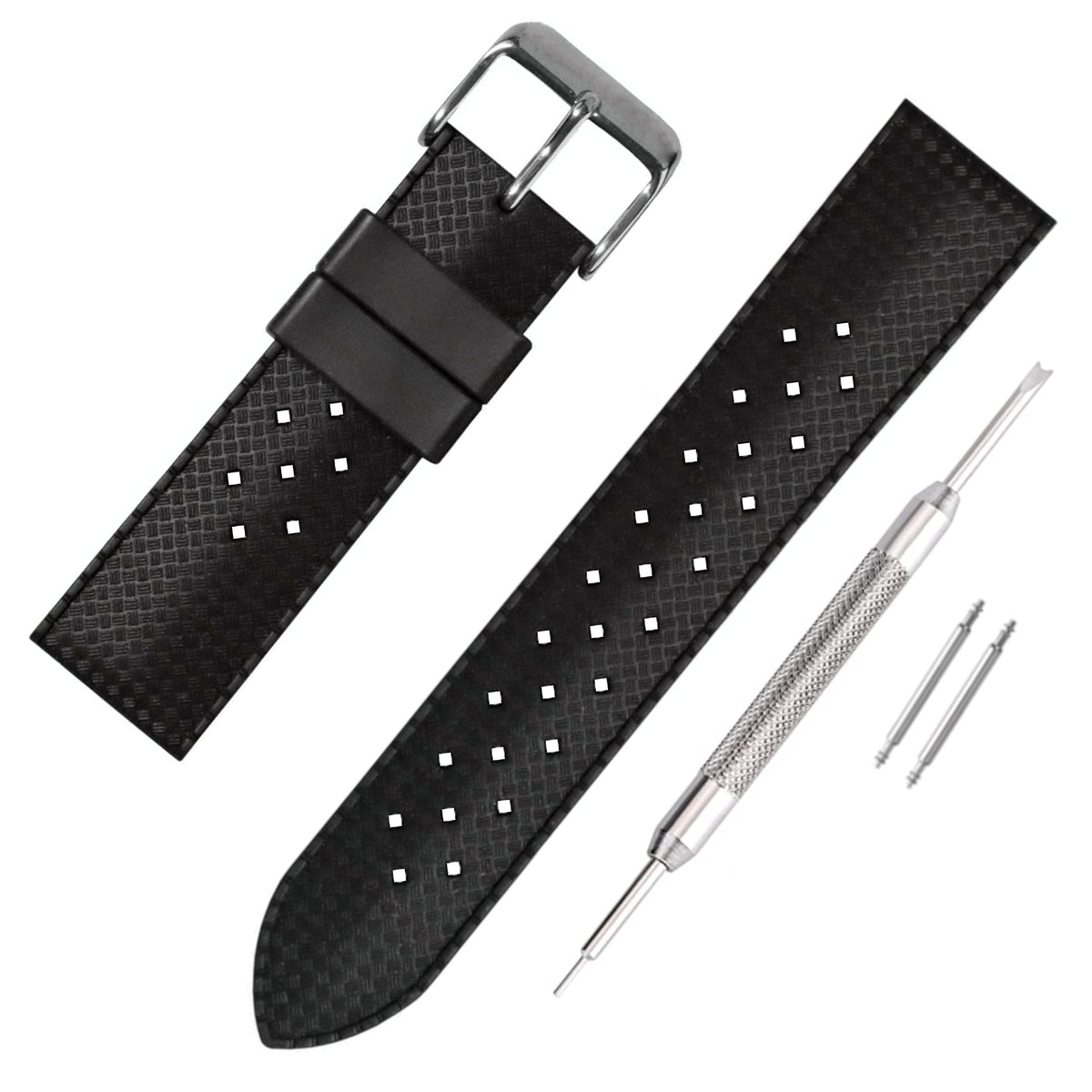 Buckle & Stitch Retro Tropical Silicone Watch Strap | 18mm Black | Waterproof Perforated Rubber Dive Strap | Class Divers Band (18mm, Black)