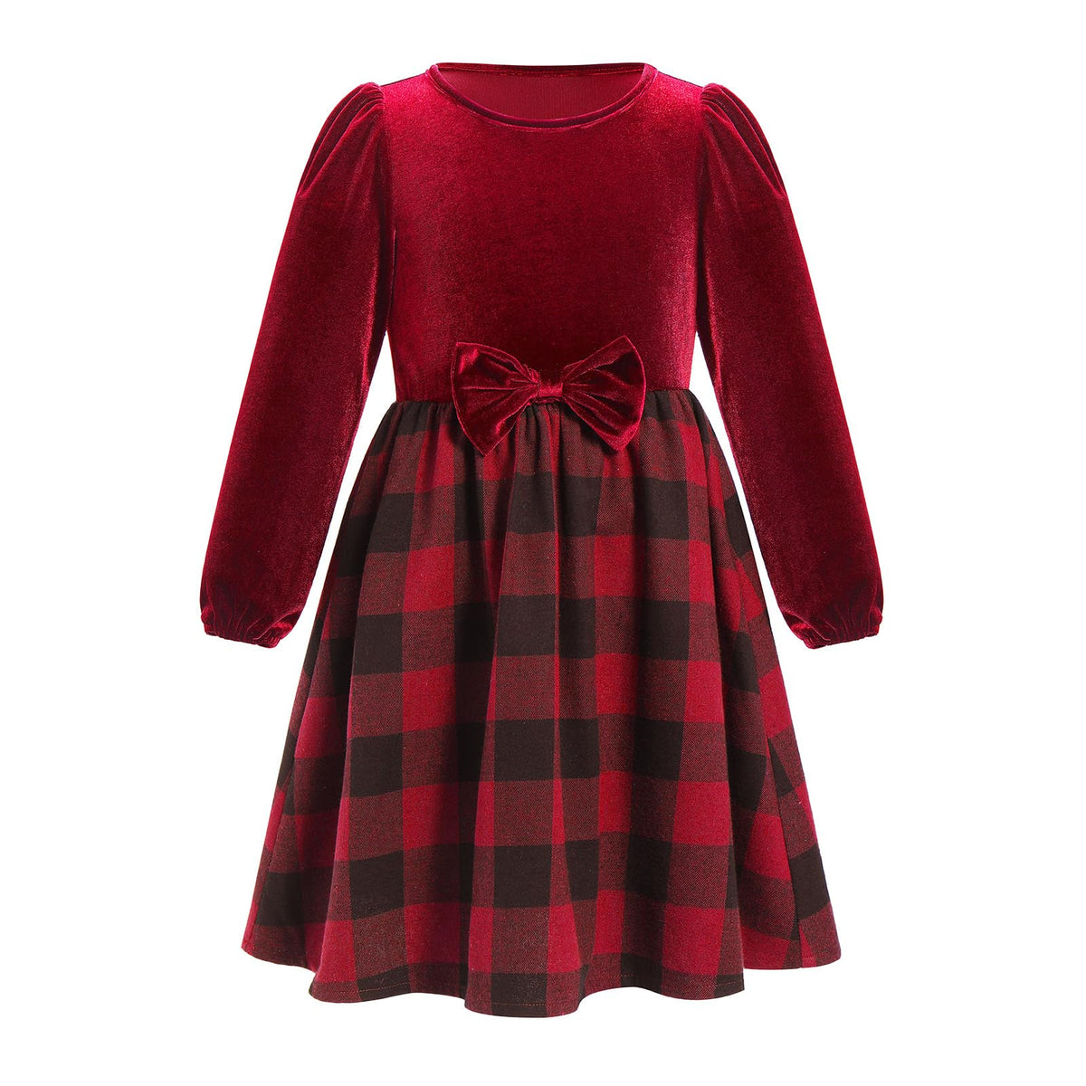 Odizli Children's Girls Autumn Winter Long Sleeve Checked A-line Velvet Dress Festive Wedding Christmas Dress, red, 9-10 Years