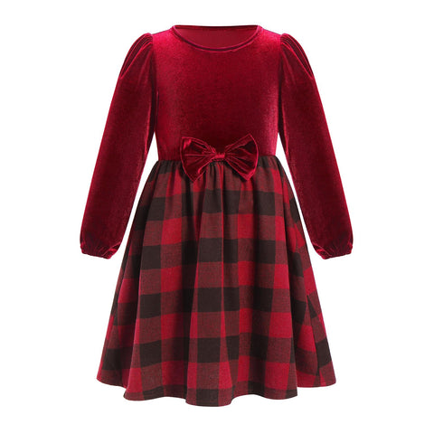 Odizli Children's Girls Autumn Winter Long Sleeve Checked A-line Velvet Dress Festive Wedding Christmas Dress, red, 9-10 Years