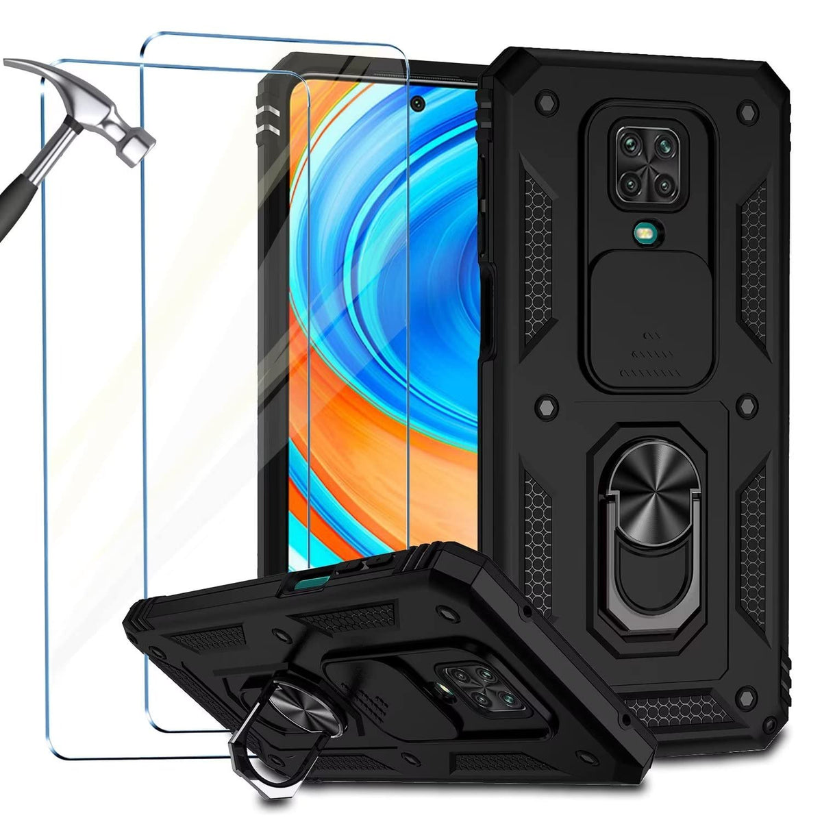 Jeelar NEINEI Case for Xiaomi Redmi Note 9 Pro/9S + 2 Tempered Glass,Outdoor Shockproof Case with [Slide Camera Protection][Kickstand][Magnetic],Military Grade Scratch Resistant Cover-Black