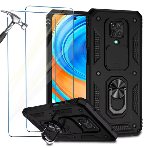Jeelar NEINEI Case for Xiaomi Redmi Note 9 Pro/9S + 2 Tempered Glass,Outdoor Shockproof Case with [Slide Camera Protection][Kickstand][Magnetic],Military Grade Scratch Resistant Cover-Black