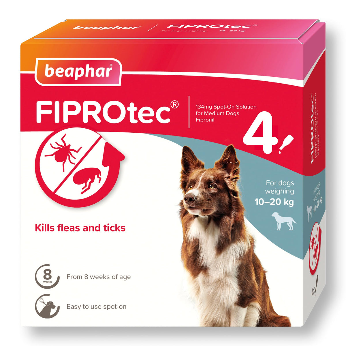 Beaphar | FIPROtec Spot-On for Medium Dogs (10- 20kg) | Kills Fleas & Ticks | Vet Strength Treatment | 4 Pipettes