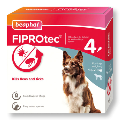 Beaphar | FIPROtec Spot-On for Medium Dogs (10- 20kg) | Kills Fleas & Ticks | Vet Strength Treatment | 4 Pipettes