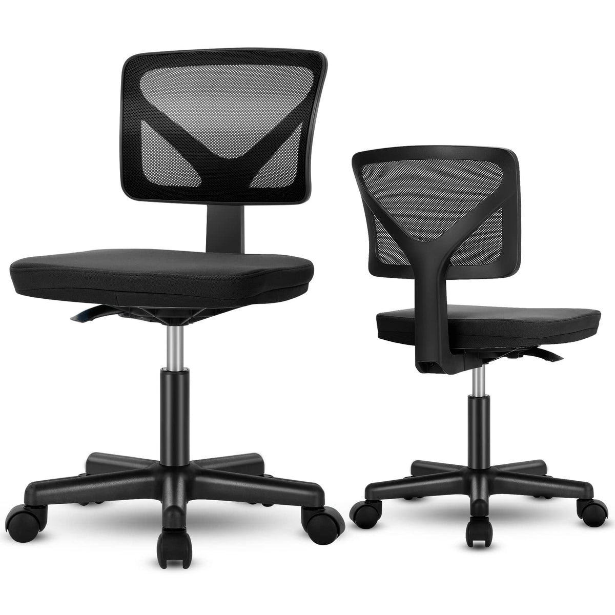 Armless Mesh Office Chair, Ergonomic Computer Desk Chair, No Armrest Small Mid Back Executive Task Chair with Lumbar Support and Swivel Rolling for Small Spaces, Black