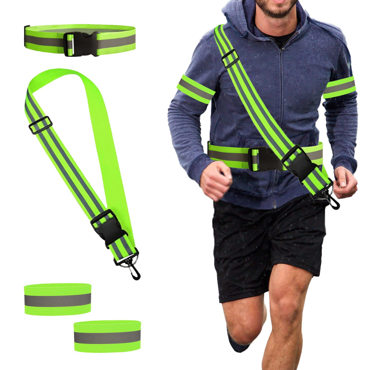 NINVVS 4 pieces of reflective running equipment, shoulder strap/belt/wristband, high-visibility reflective belt, elastic adjustable seat belt, reflective buckle belt, unisex