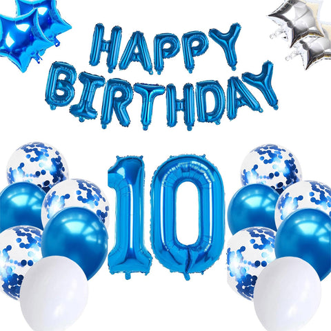 Moorle 10th Birthday Decorations for Boys, Blue Age 10 Birthday Balloon, Blue 32 Inch Number 10 Foil Birthday Balloons with Happy Birthday Banner, Star Confetti Balloon for 10th Birthday Party Boy
