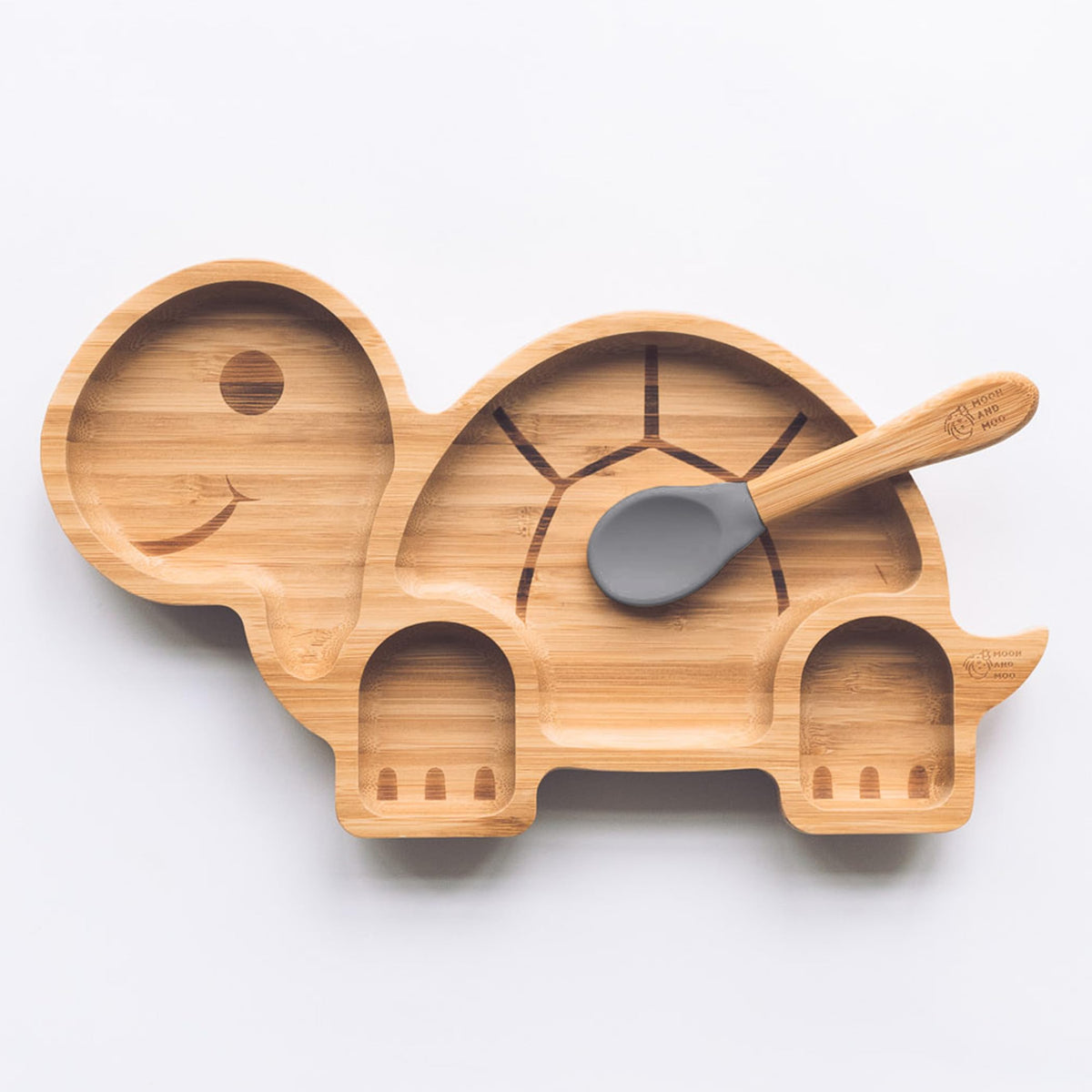 Moon and Moo Tortoise Bamboo Suction Plate and Spoon Set for Kids, Toddlers and Baby Weaning - Non-Toxic - Plastic Free - Stay Put - Baby Suction Plate - Baby Weaning Set (Grey)
