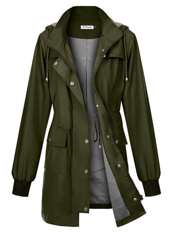 PITINAN Rain Jackets For Women Waterproof Rain Coats with Hood Lightweight Windbreaker Outdoor Trench Coat, Army Green, M