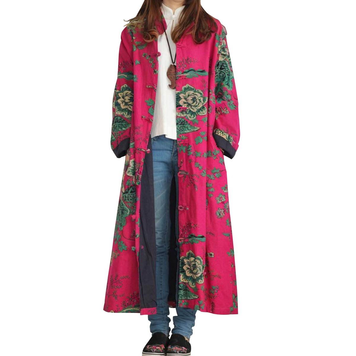 LZJN Women's Cotton linen Trench Coat Floral Print Long Jacket with Pockets (Red)