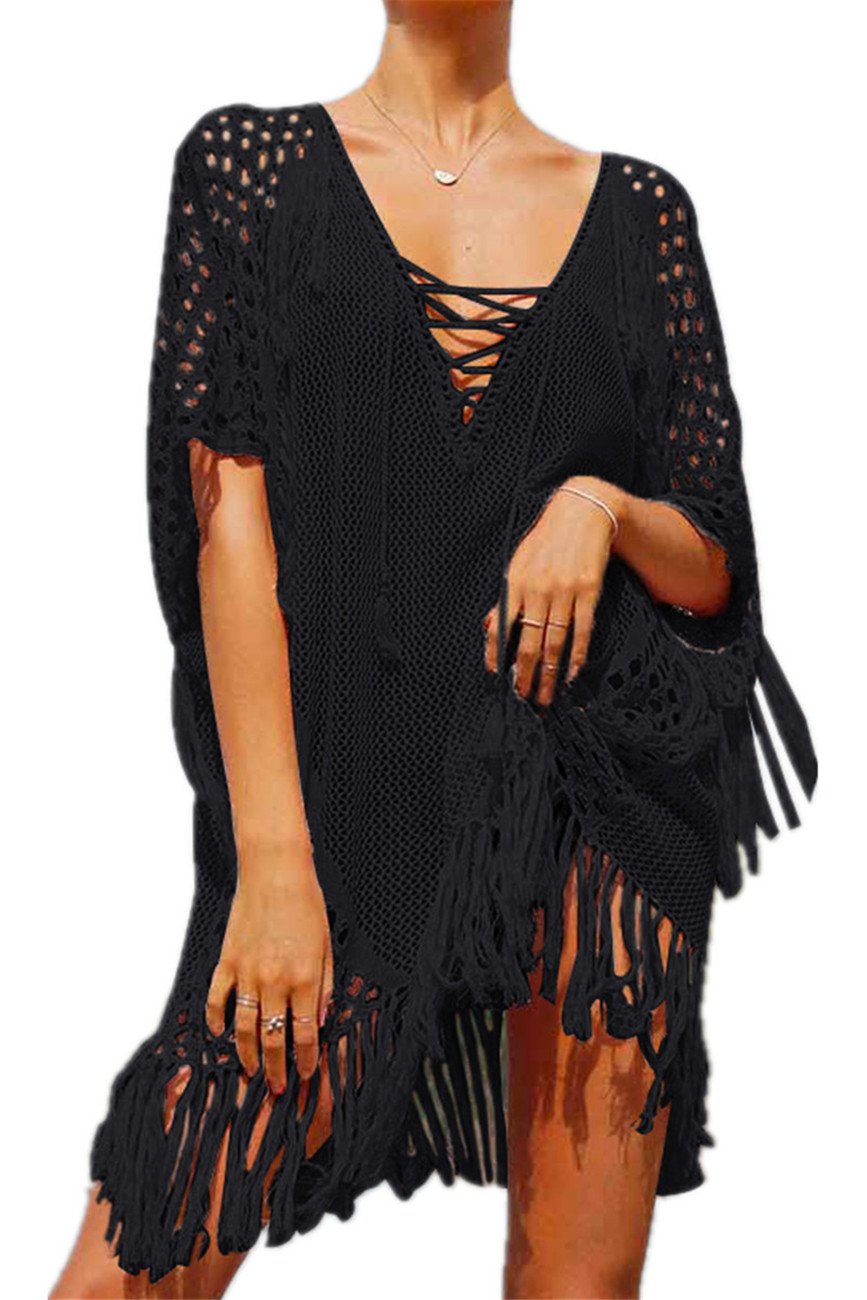 YouKD Women's Hollow Knit Tunic with Tassel Crochet Tops Beach Cover Poncho Summer Beach Cover Up Dress A Black