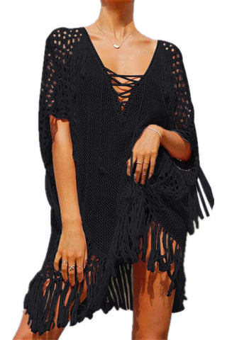 YouKD Women's Hollow Knit Tunic with Tassel Crochet Tops Beach Cover Poncho Summer Beach Cover Up Dress A Black