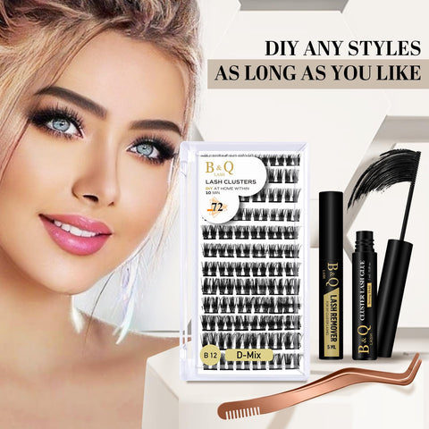 DIY Lash Extension Kit B12 Lash Cluster B&Q DIY Eyelash Extension Kit Individual Lashes Eyelash Clusters with Mascara Brush Eyelash Glue Remover Lash Applicators for DIY Eyelashes Extensions (Kit,B12)