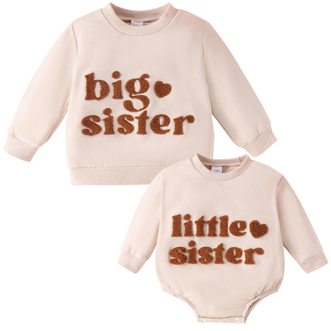 Winmany Big Sister Little Sister Matching Outfits Big Sis Pullover Sweatshirt Lil Sis Long Sleeve Romper for Girls Baby (6-12M, Beige Lil Sis, 1)