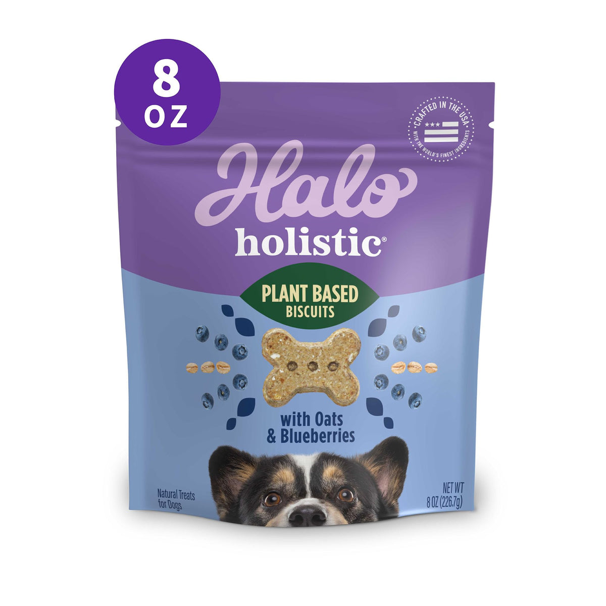 Halo Plant-Based Dog Treats with Oats and Blueberries, Vegan Dog Treat Pouch, 8oz bag