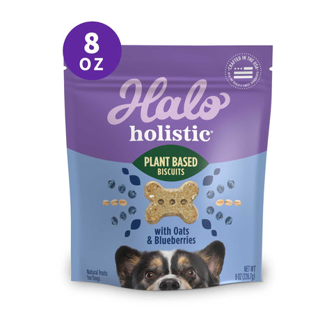 Halo Plant-Based Dog Treats with Oats and Blueberries, Vegan Dog Treat Pouch, 8oz bag