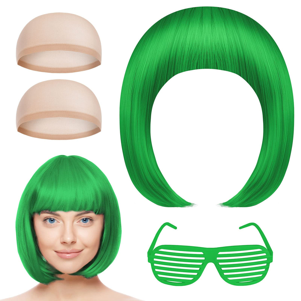 AOMIG Short Bob Wig for Women, 4 Pack Short Green Bob Wigs Set with Sunglass and Wig Cap, Neon Fancy Dress Accessory Cosplay Wig with Bangs, Synthetic Straight Wig for Daily Halloween Party Cosplay