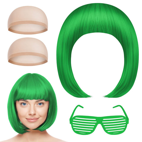 AOMIG Short Bob Wig for Women, 4 Pack Short Green Bob Wigs Set with Sunglass and Wig Cap, Neon Fancy Dress Accessory Cosplay Wig with Bangs, Synthetic Straight Wig for Daily Halloween Party Cosplay