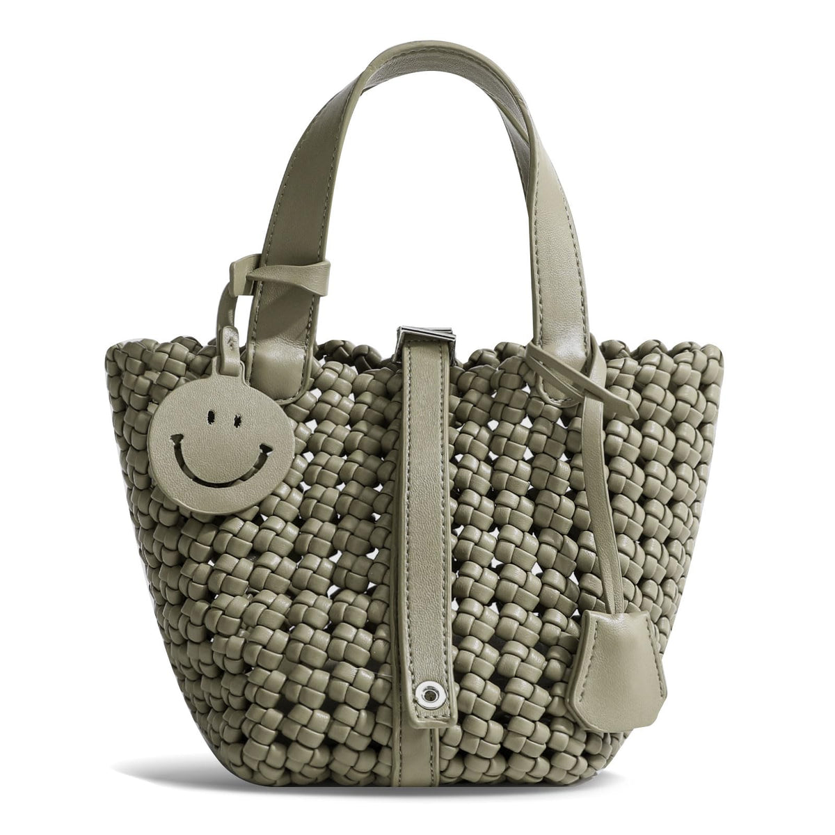 DSGUTWO Women Basket Bucket Bag Vegetable Handbag, Woven Shoulder Tote Bag, Travel Hobo Ladies Top Handle Purse Commuter Bag, Rock Green