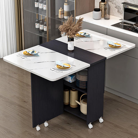 Kitchen Folding Dining Table, Modern Drop Leaf Dining Table Expandable Kitchen Table with 6 Wheels, Foldable Extendable Space Saving Table with 2 Tier Storage, Ideal for Restaurant, Kitchen, Bedroom (