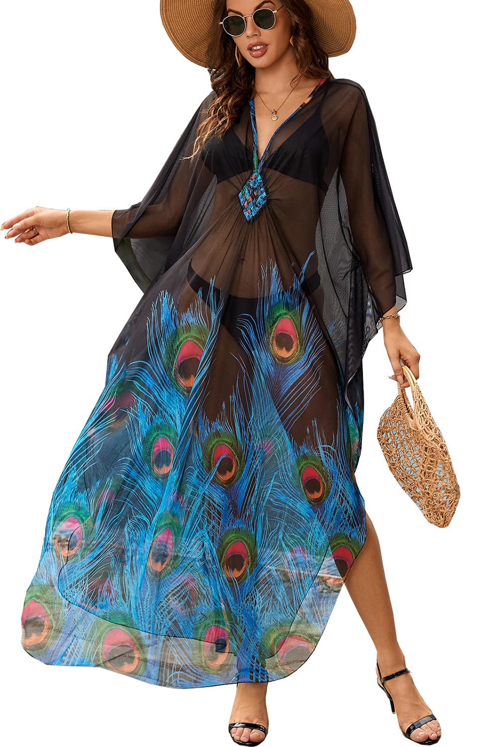 YouKD Women's Summer Boho Kaftan Plus Size See-Through Robe Beach Coverup Dress One Size Bathrobes