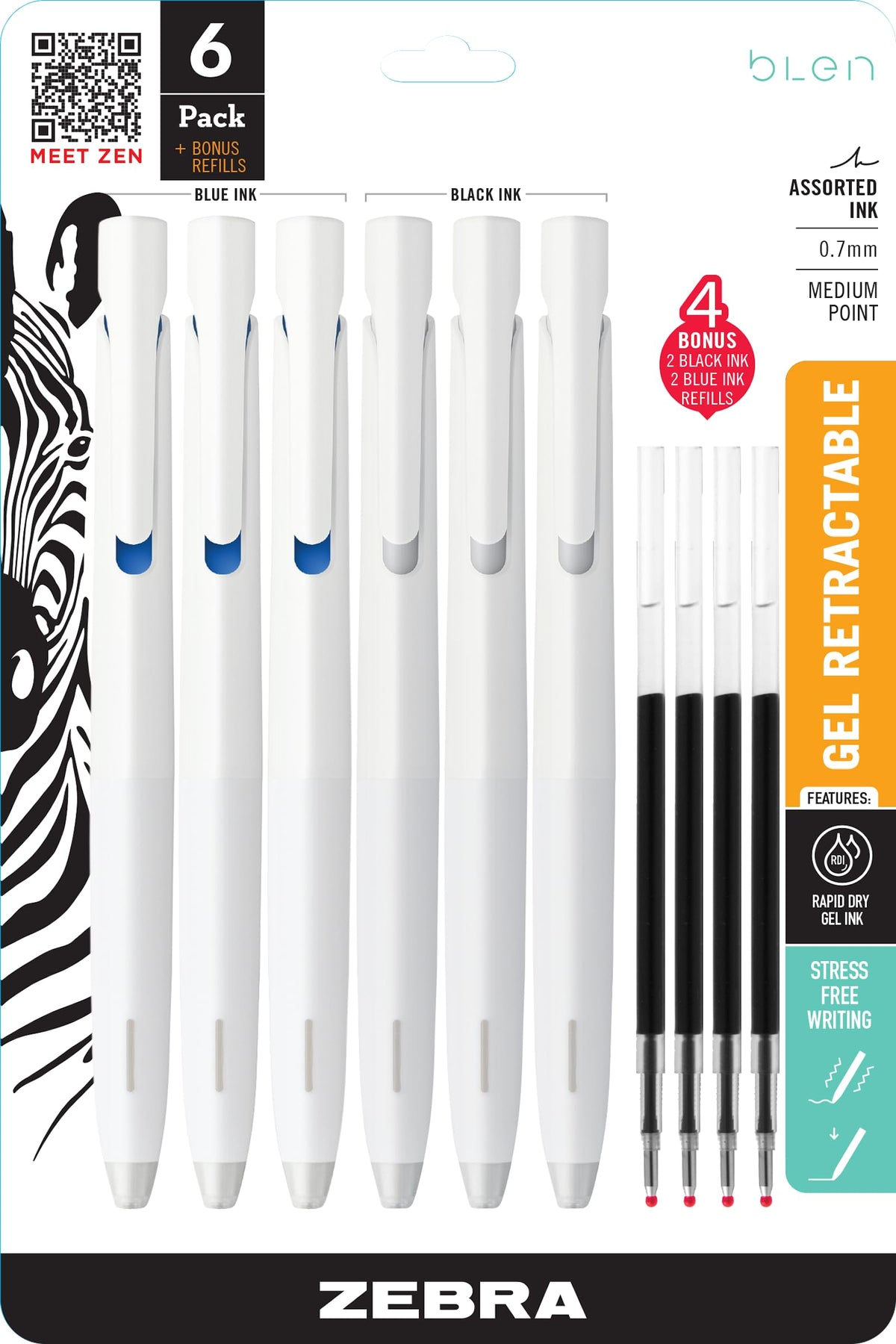 Zebra Pen bLen Retractable Gel Pen + refills, White Barrel, Medium Point, 0.7mm, Black and Blue Ink (Pack of 1,6 Count Total)