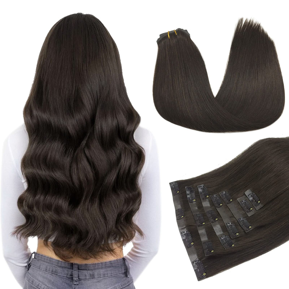 DOORES Seamless Clip in Hair Extensions Real Human Hair, Dark Brown 7pcs 110g 18 Inch, Hair Extensions Seamless Clip in Hair Extensions Hair Extensions Straight Hair Invisi Edge Hair Extensions