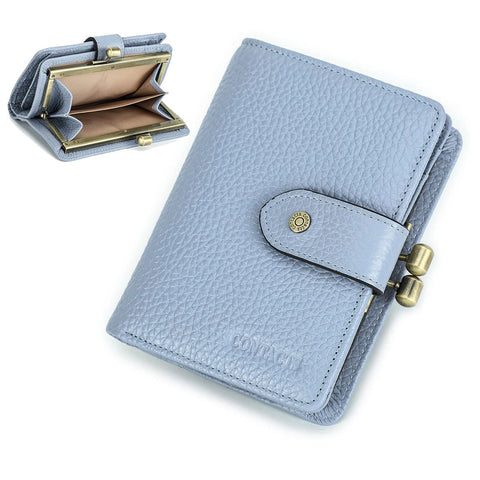 Contacts Full Grain Leather Kiss Lock Wallet for Women Kiss Clasp Coin Purse Vintage Bifold Card Wallet with Rfid Blocking (Blue)