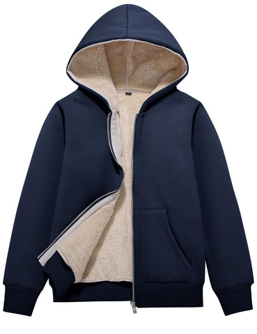 Flygo Unisex Boys Girls Fleece Jacket Hoodie Sherpa Lined Zip Up Hooded Sweatshirt Kids Winter Jackets(Navy-XS)