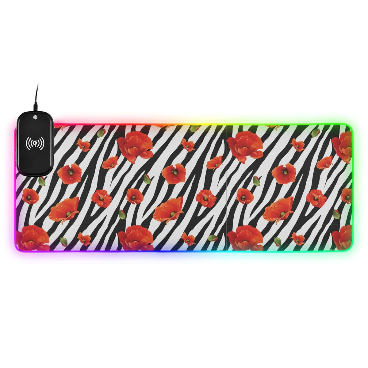 Flowers Zebra Stripe Wireless Charging Mouse Pad for Mobile Phone Extra Large Gaming Mousepad with 13 Lighting Modes Extended Desk Mat for Office Home Gaming MacBook PC Laptop Desk