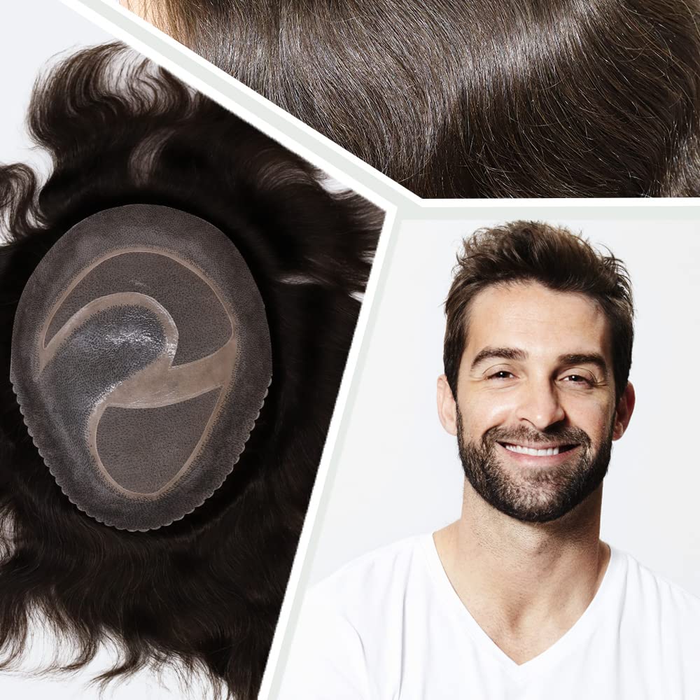 Civmo Men toupee Mono Lace with PU Toupee for Men 100? European Human Hair Replacement System Mens Toupee Men's Hairpiece Wigs for men(#3 Dark Brown Color)