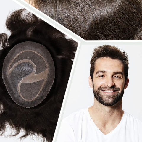 Civmo Men toupee Mono Lace with PU Toupee for Men 100? European Human Hair Replacement System Mens Toupee Men's Hairpiece Wigs for men(#3 Dark Brown Color)