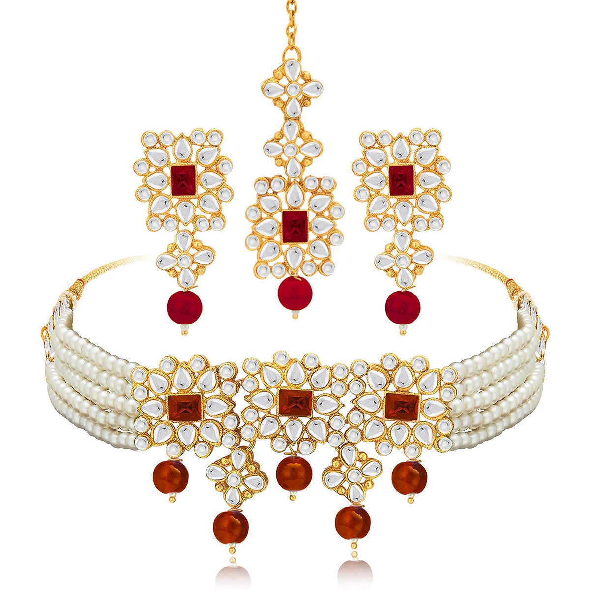 Aheli Ethnic Indian Necklace Earring Maang Tikka Set Traditional Bollywood Fashion Jewelry for Women White Maroon