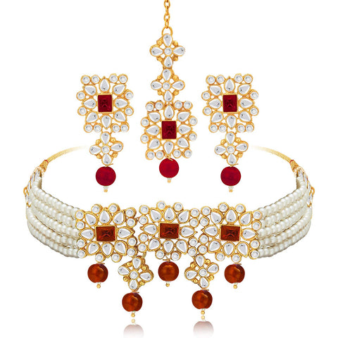 Aheli Ethnic Indian Necklace Earring Maang Tikka Set Traditional Bollywood Fashion Jewelry for Women White Maroon