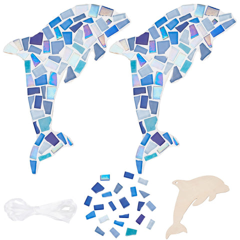 WEBEEDY Make 2 Dolphin Glass Mosaic Kit Creativity DIY Mosaic Glass Kit for Adults Include Glass Mosaic Tiles, Wooden Chips, Ribbon