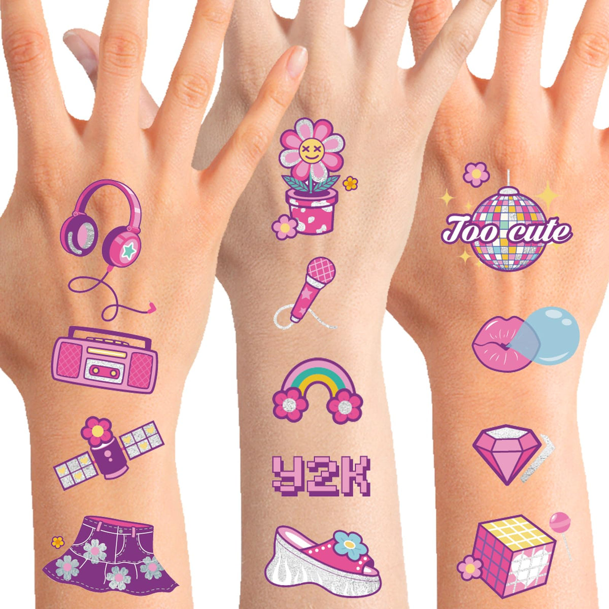 Qpout 130pcs Y2K 2000s Glitter Silver Temporary Tattoos Y2K Party Decoration,2000's Party Favor 00s Pink Face Fake Tattoo Gifts Bachelorette Birthday Stickers for Kids Girls Classroom Prizes Sticker