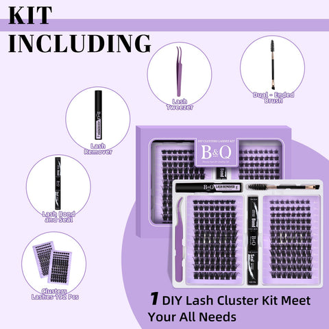 B&Q Lash Extension Kit for Beginners 192 pcs Eyelash Extension Kit B19+B28 8-18mm Mixed Lash Clusters Kit Individual Lashes Kit Wispy with Lash Glue and Remover Applications Eyelash Kit (B19+B28, Kit)