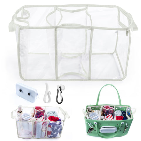 Clear Beach Bag Organizer Insert with 3pcs Accessories for Large Bogg Bag Inserts - Beach Tote Bag Divider with Sunglasses Holder, Phone Holder and Clips Hooks - Beach Tote Bag Insert Organizer Liner
