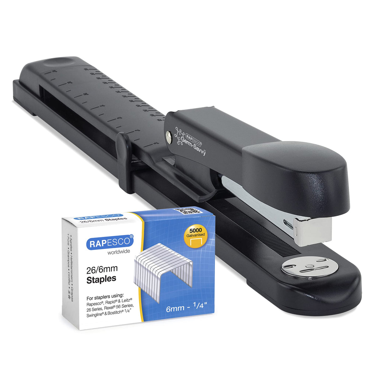 Rapesco 1464 Germ-Savvy Antibacterial, Marlin Long Arm Stapler & 5000 x 26/6 mm Staples, Black