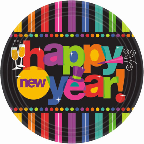 Amscan Bright Stripes New Year Party Round Luncheon Plates Tableware, Multi Colored, Paper, 9", 60Piece Party Supplies