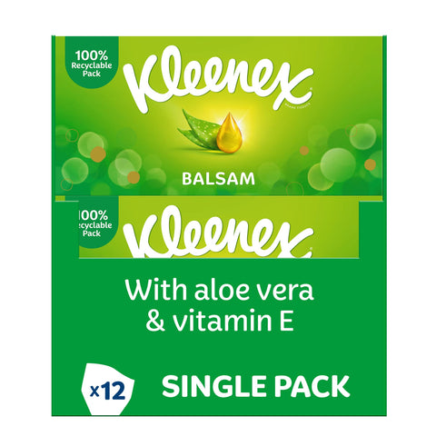 Kleenex Balsam Facial Tissues - Pack of 12 Tissue Boxes - Balm Tissues Protect and Soothe Your Nose when You've Got a Cold - BalmcareÂ® with Aloe Vera, Vitamin E and Calendula