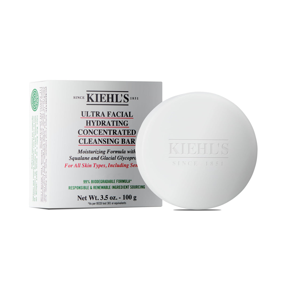 Kiehl's Ultra Facial Concentrated Cleansing Bar, Hydrating Face Cleanser with Squalane, Protects Moisture Barrier & Natural pH Levels, Travel-friendly, All Skin Types, Biodegradable Skincare - 3.5 oz