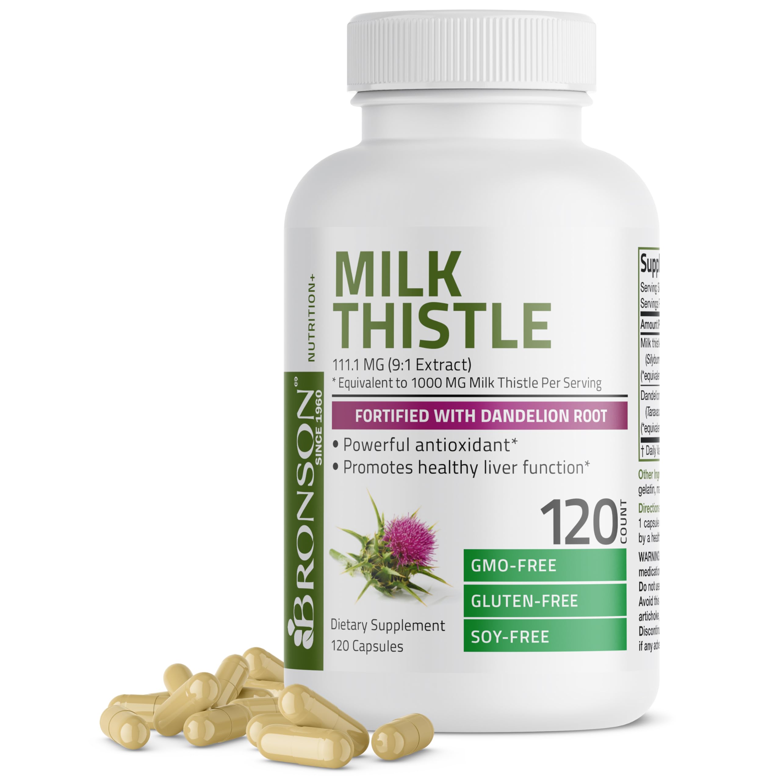 Bronson Milk Thistle Silymarin Marianum & Dandelion Root Liver Health Support, Antioxidant Support, Detox, 120 Capsules
