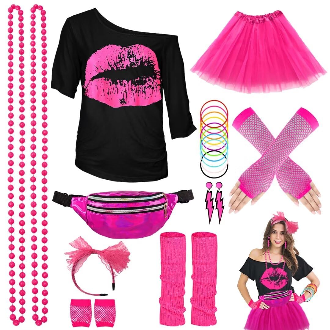 WILDPARTY 80s Fancy Dress For Women, Lip Print T-shirt, Tutu Skirt, Leg Warmers, Necklace, Fishnet Gloves, Earrings, Neon Costumes Accessories for Retro Theme Party Cosplay