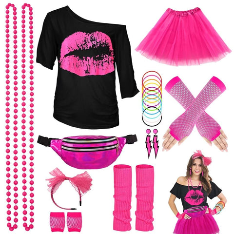 WILDPARTY 80s Fancy Dress For Women, Lip Print T-shirt, Tutu Skirt, Leg Warmers, Necklace, Fishnet Gloves, Earrings, Neon Costumes Accessories for Retro Theme Party Cosplay