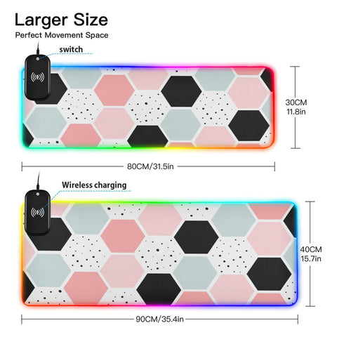 Geometry Dot (2) Wireless Charging Mouse Pad for Mobile Phone Extra Large Gaming Mousepad with 13 Lighting Modes Mouse Mat for Gaming MacBook PC Laptop Desk Home Office